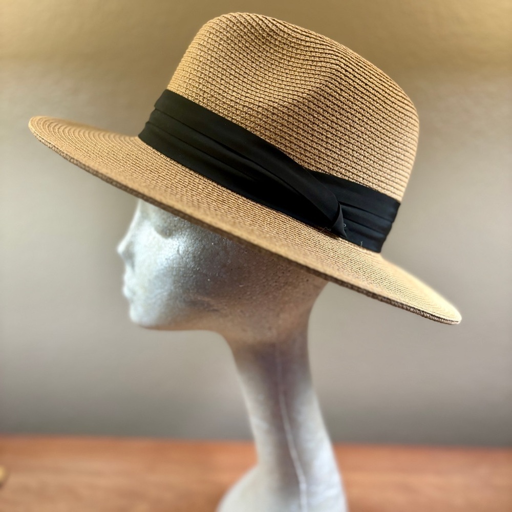 Panama Wide Brim Furtalk Straw Adjustable Sun Hat with Black Band, Unisex